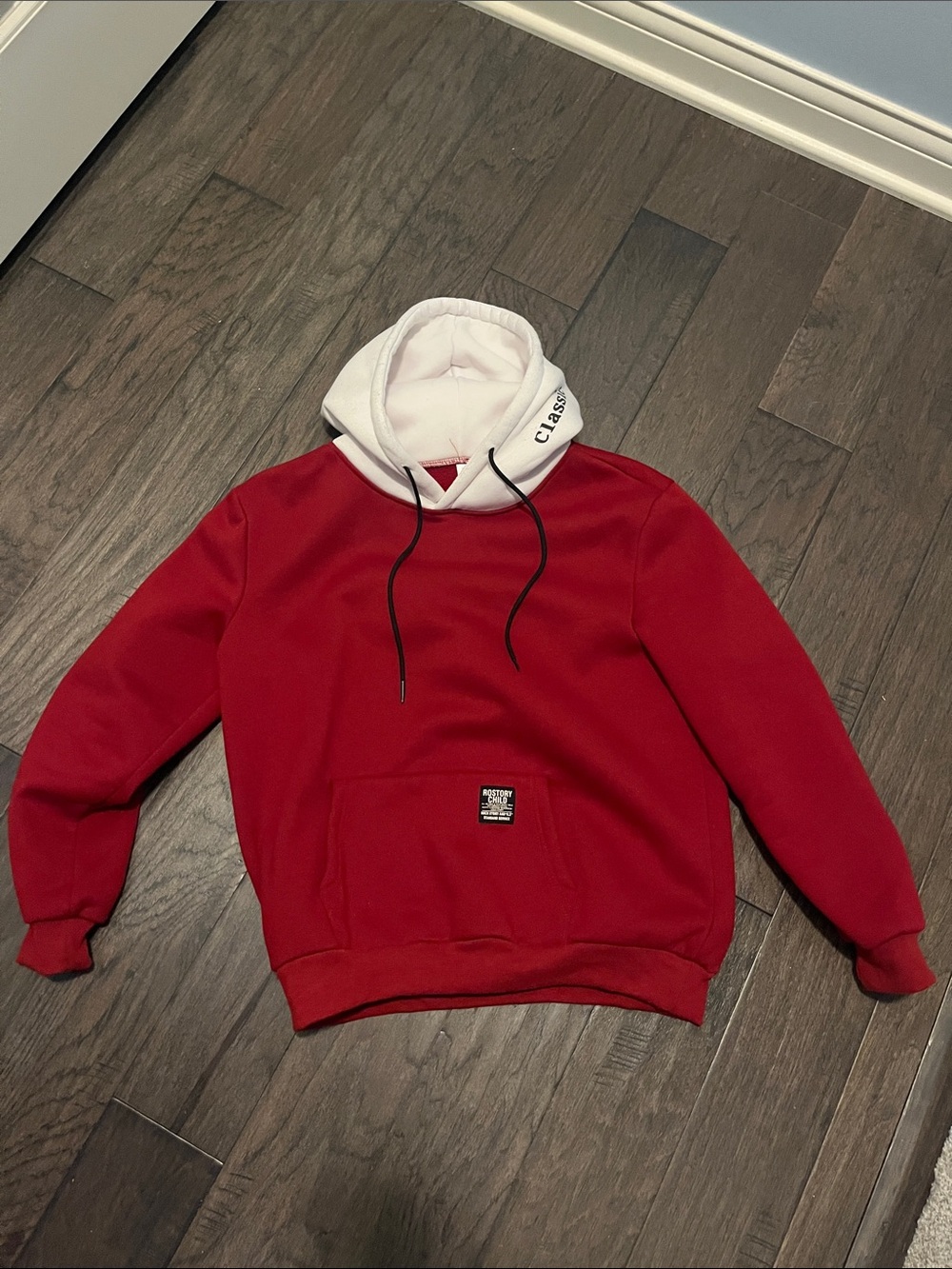 Men's Red Pullover Hoodie with White Hood and Black Drawstrings